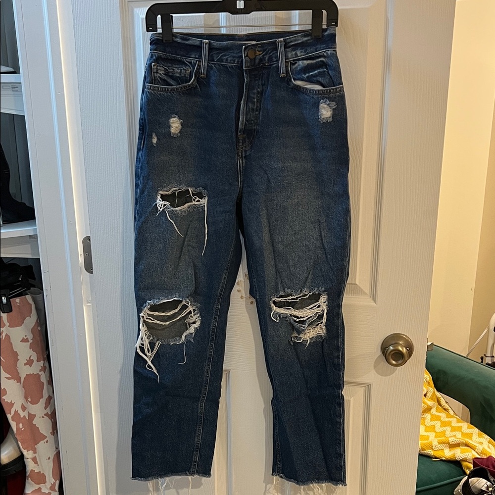 Forever 21 Dark Blue Distressed Straight Leg Jeans